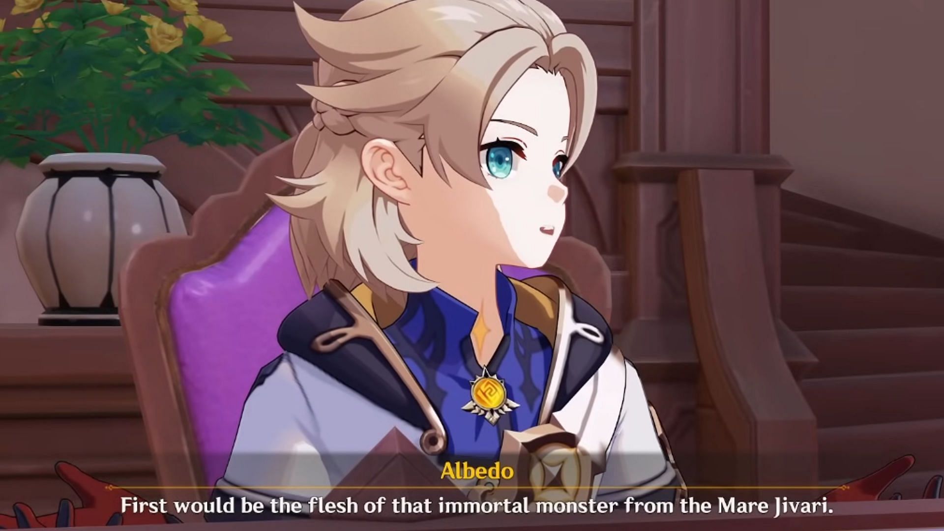 Albedo requesting for the flesh of the immortal beast in Mare Jivari during "Paralogism" Archon Quest (Image via HoYoverse)